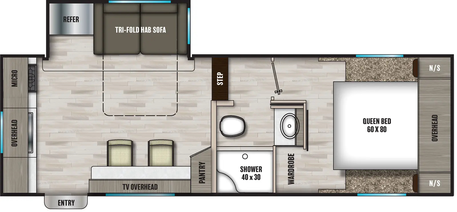 The 235RK has one slideout and one entry. Interior layout front to back: foot facing queen bed with overhead cabinet, nightstands on both sides, and a door side wardrobe at the foot of the bed; door side full bathroom; two steps down to main living area; off-door side slideout with tri-fold hide-a-bed sofa and refrigerator; door side pantry, countertop with seating, and TV overhead; rear kitchen countertop with sink, cooktop, overhead cabinet and microwave.